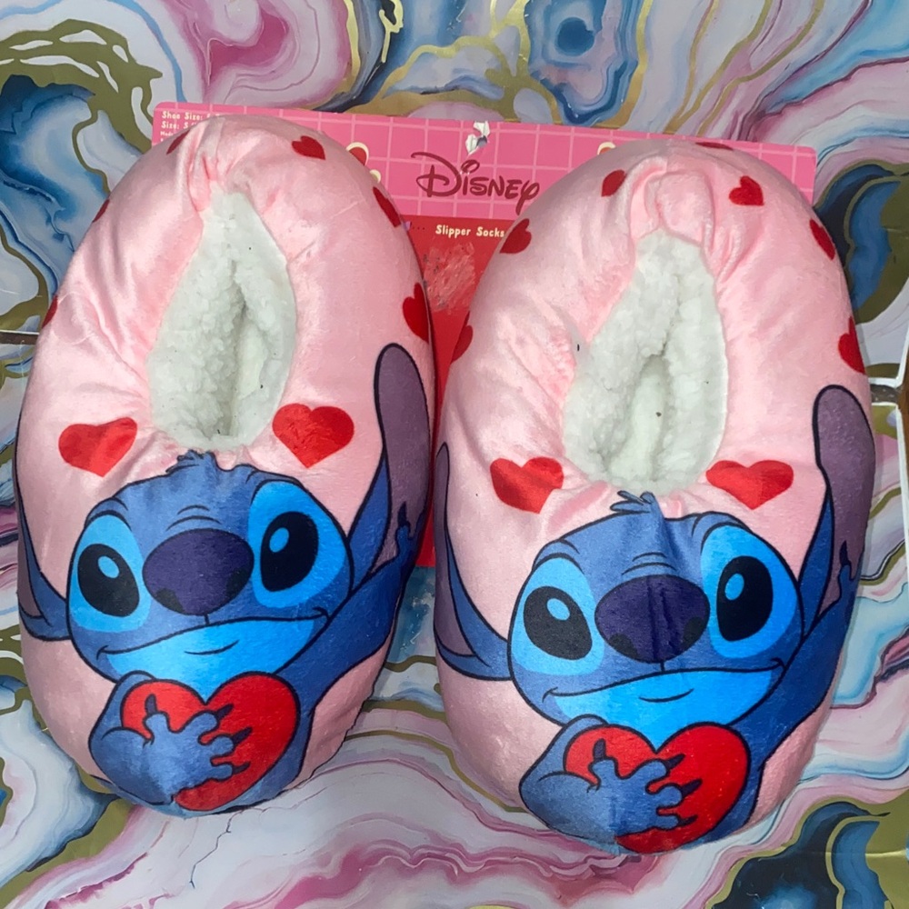 💕Disney Pink and Blue Stitch Heart Slipper Socks size S/M 6-7 1/2